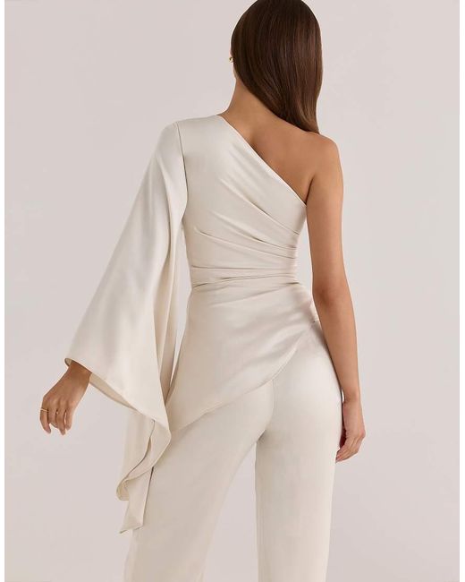 House Of Cb Natural Nicolette Oyster Satin One Sleeve Asymmetric Draped Top