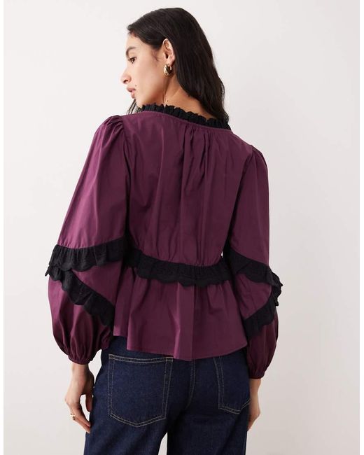 Glamorous Purple Boho Ruffle Broderie Long Sleeve Blouse