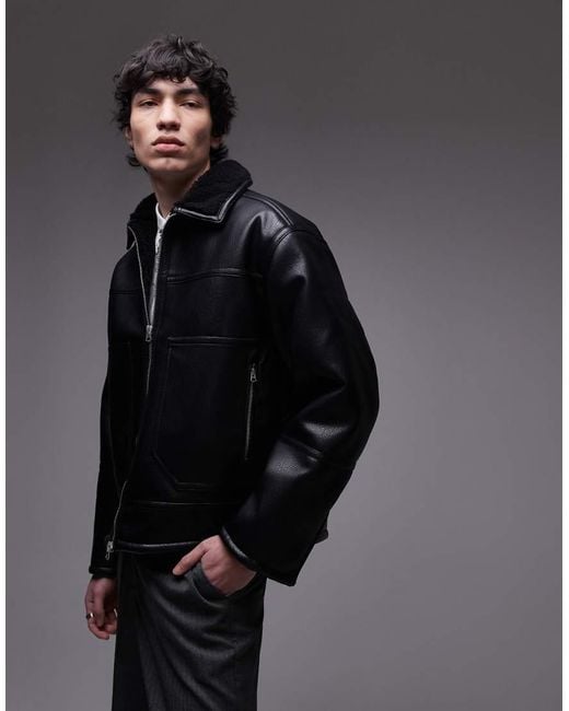 Topman Black Faux Leather Shearling Jacket With Pocket Detail for men
