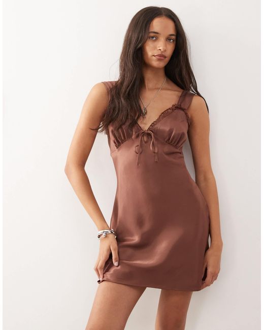 Reclaimed (vintage) Brown Satin Mini Dress With Lace Trims