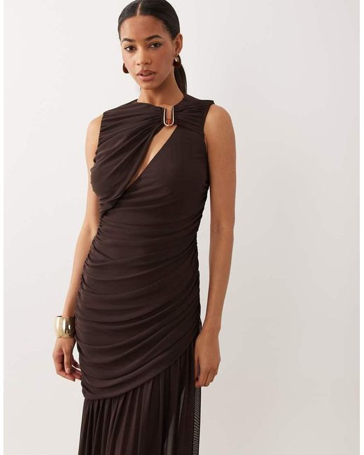 ASOS Brown Cowl Back Cutout Mesh Maxi Dress With Bead Detail