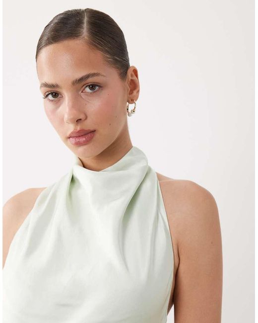 SNDY'S White Satin High Neck Open Back Twist Detail Maxi Dress