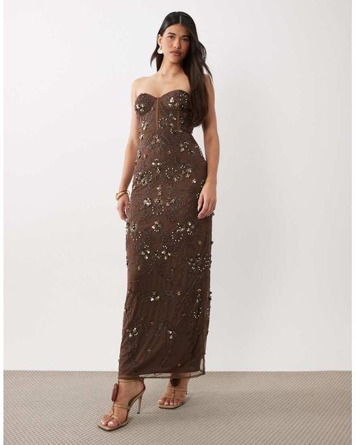 Beauut Brown Embellished Corset Strapless Slit Back Maxi Dress