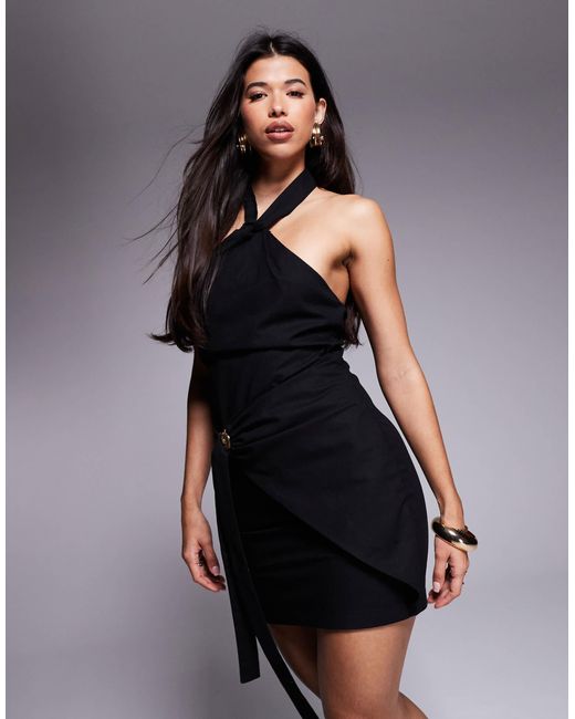 Kaiia Blue Exclusive Linen Look Gold Shell Drape Detail Knotted Halterneck Mini Dress