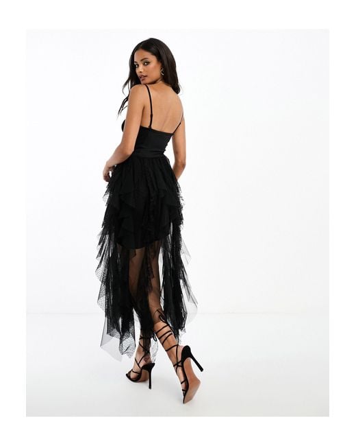 Miss Selfridge Black Bandeau Lace Detail Frill Maxi Dress With Detachable Straps