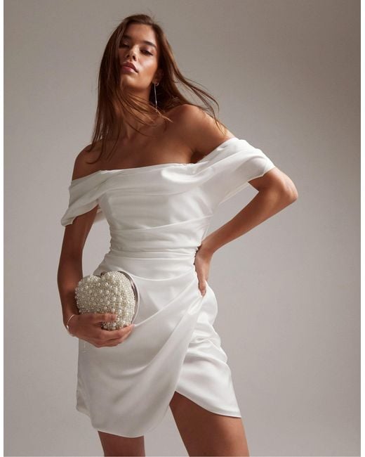 ASOS Brown Satin Off Shoulder Mini Wedding Dress