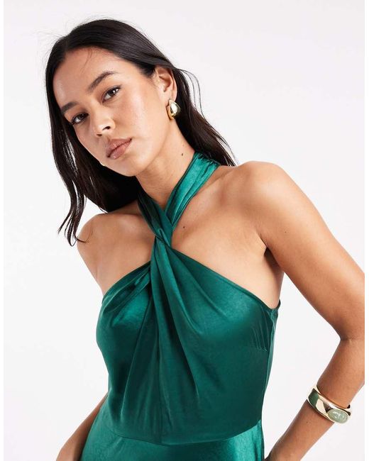 Six Stories Green Bridesmaid Satin Twist Detail Halter Neck Maxi Dress