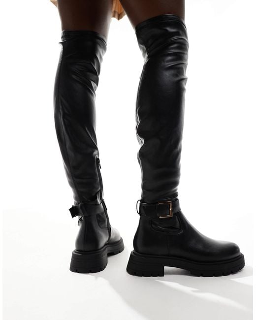 ASOS Black Kirby Buckle Detail Flat Over The Knee Boots