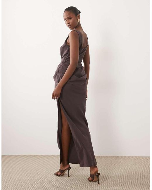 ASOS Natural Square Neck Draped Bodice And Waist Detail Maxi Dress With Side Split
