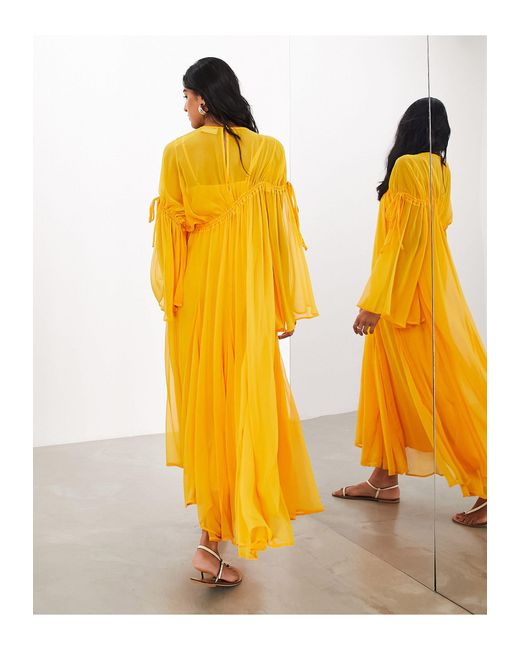 Robe longue en mousseline à manches longues et à détail froncé ASOS en coloris Yellow
