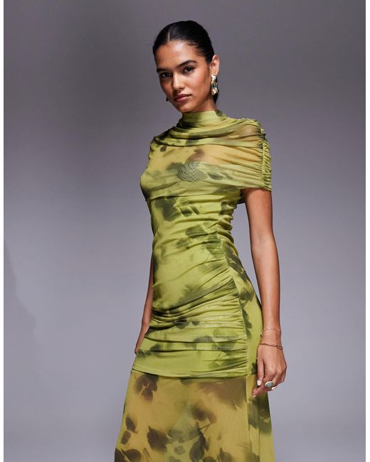 ASOS Green Printed Mesh Highneck Overlay Maxi Dress With Sheer Shirt