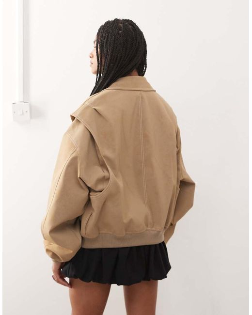 Lioness Natural Exclusive Vista Leather Look Contrast Stitch Bomber Jacket