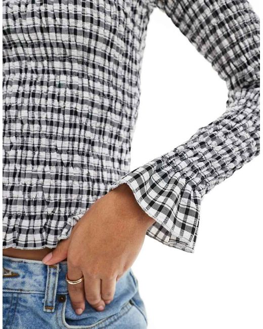 Daisy Street Blue Plaid Long Sleeve Shirred Top