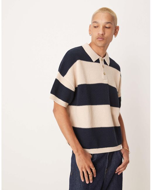ASOS – strukturiertes oversize-polohemd aus strick mit en streifen in Blue für Herren