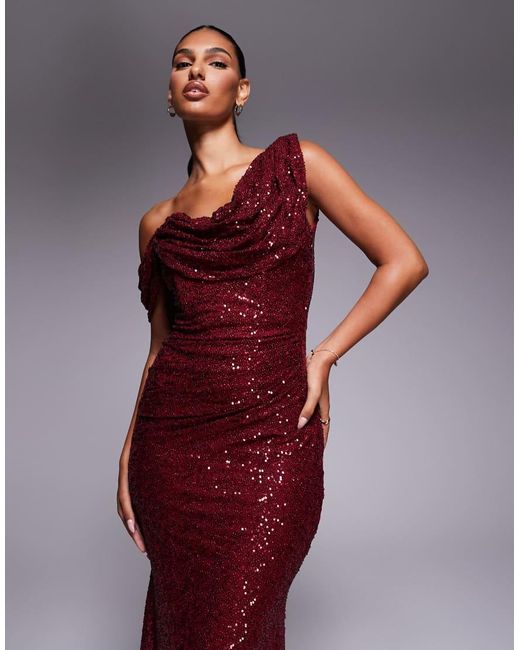 Goddiva Purple Sequin Cowl One Shoulder Maxi Dress