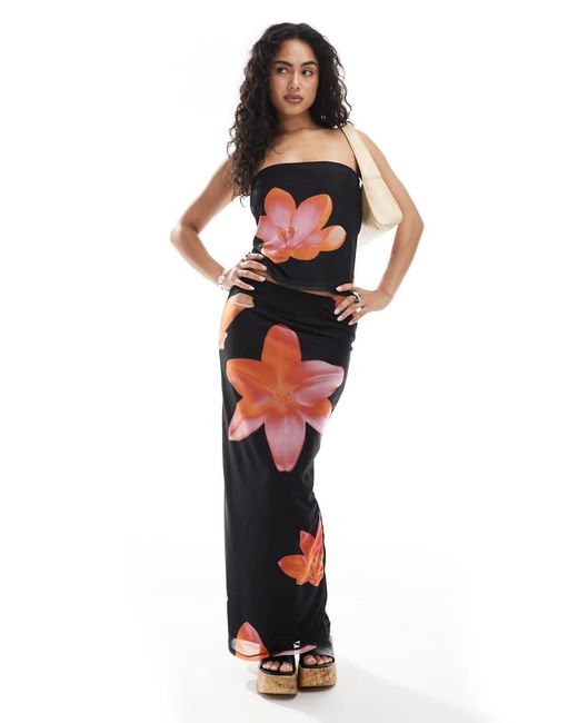 JJXX Black Mesh Strapless Top Co Ord With Flower Print