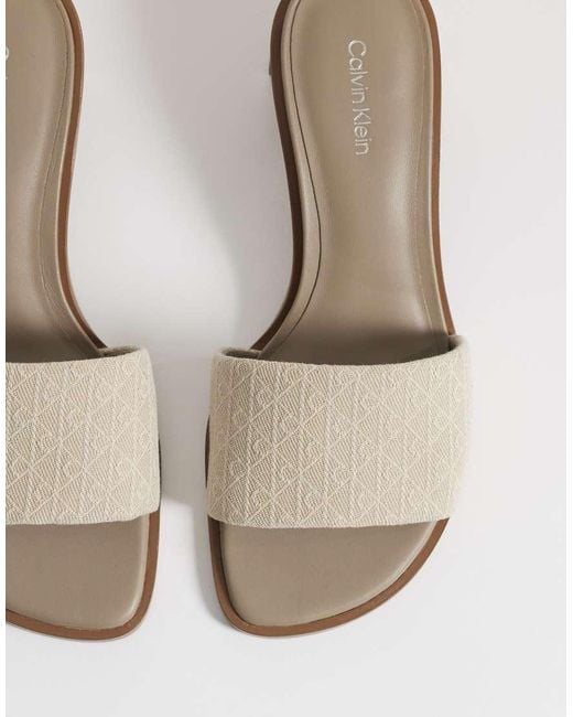 Calvin Klein White Jeans Wooden Block Heel Mule With All Over Emblem Print
