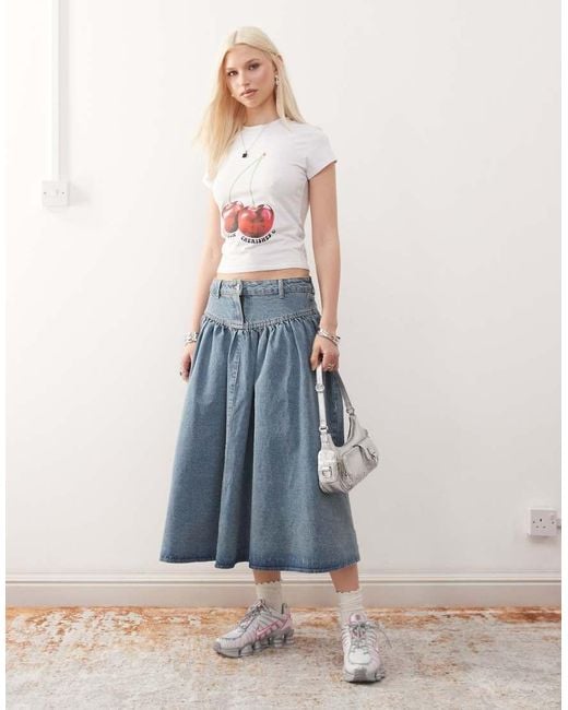 Collusion Denim Midi Rok in het Blue