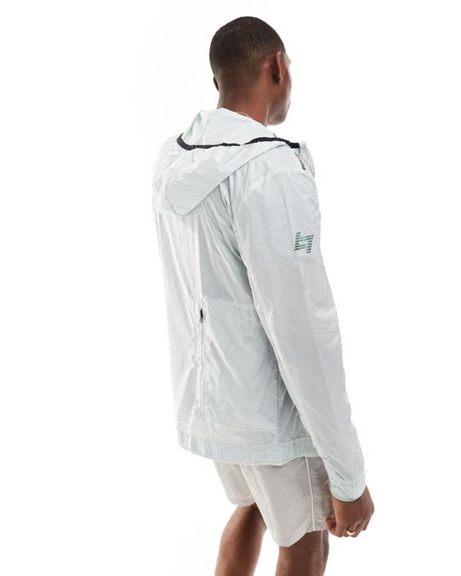 EA7 Blue Armani Logo All Over Geo Print Transparent Hooded Windbreaker Jacket for men