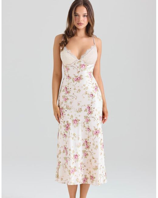 House Of Cb White Felicity Ivory Floral Print Satin Bias Cut Midi Dress