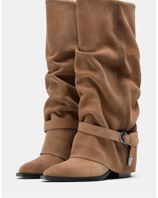 Stradivarius Brown Real Suede Slouchy Heeled Boot