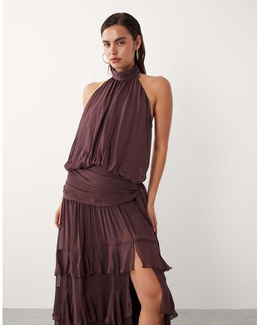 Mango Hoogsluitende Maxi Jurk Met Open Achterkant En Ruches in het Brown