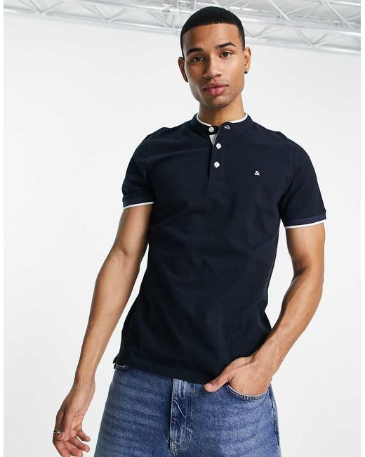 Jack & Jones Blue Essentials Grandad Polo With Tipping for men