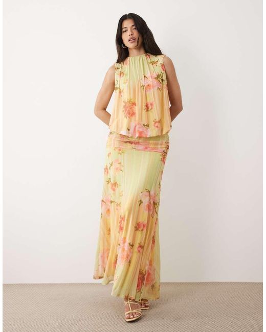 ASOS Red Mesh Blouson Maxi Dress With Ruched Dropped Waist Skirt