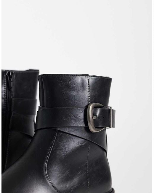 SEQWL Wide Fit Black Perth Chunky Buckle Detail Boots