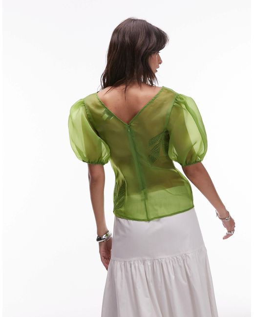 TOPSHOP Green Embroidered Organza Puff Sleeve Top