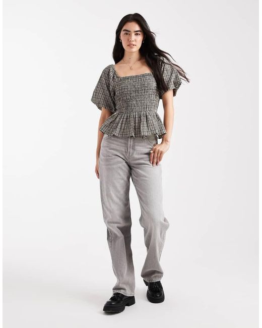 New Look Gray Check Shirred Milkmaid Top