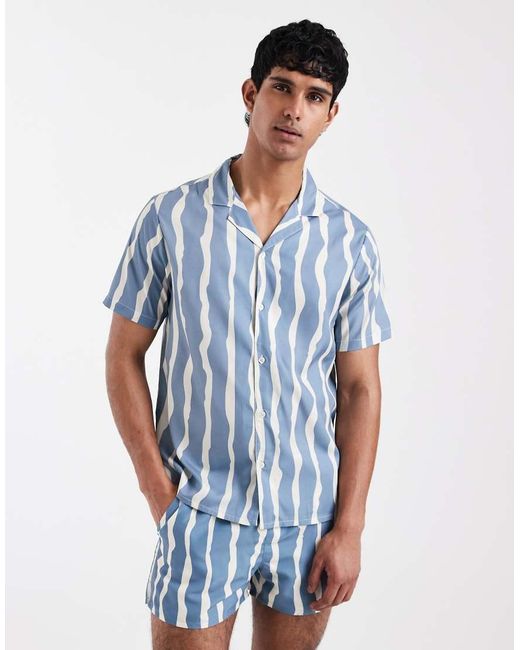 Aray Blue Wavy Stripe Beach Shirt for men