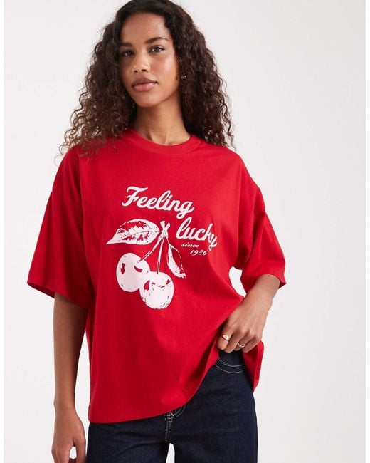 The Frolic Red Cotton Rich 'feeling Lucky' Cherry Graphic Oversized T-shirt