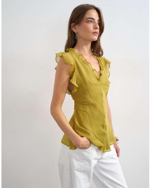 TOPSHOP Metallic Soft V Neck Ruffle Sleeve Tea Blouse