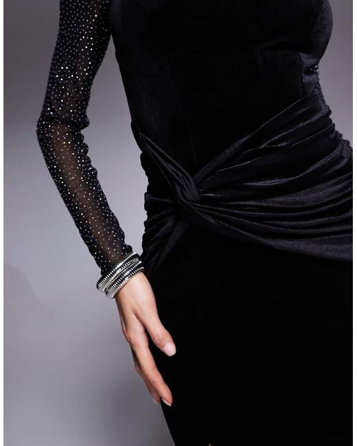Goddiva Black Hotfix Diamante Sleeve Front Split Velvet Maxi Dress