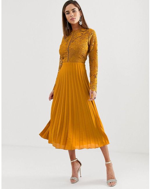 ASOS Orange Long Sleeve Lace Bodice Midi Dress With Pleated Skirt