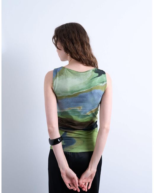 TOPSHOP Green Abstract Print Ruched Side Tank