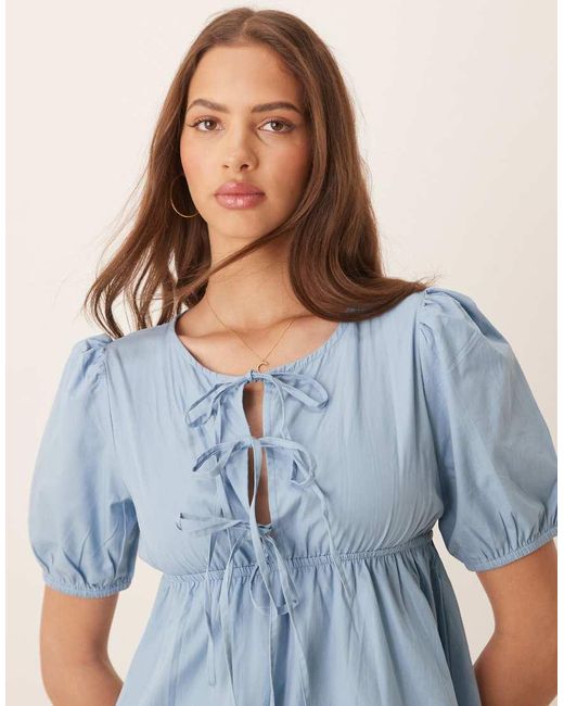 esmé studios Blue Esmee Exclusive Tie Front Puff Sleeve Mini Beah Dress