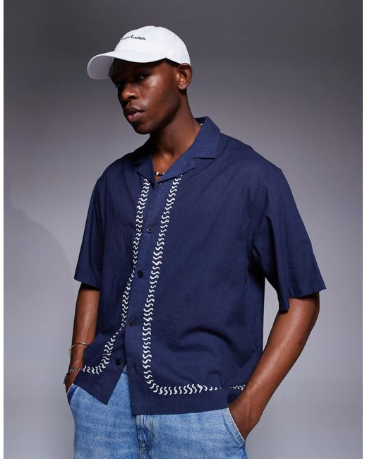 ASOS Blue Boxy Oversized Shirt With Border Print for men