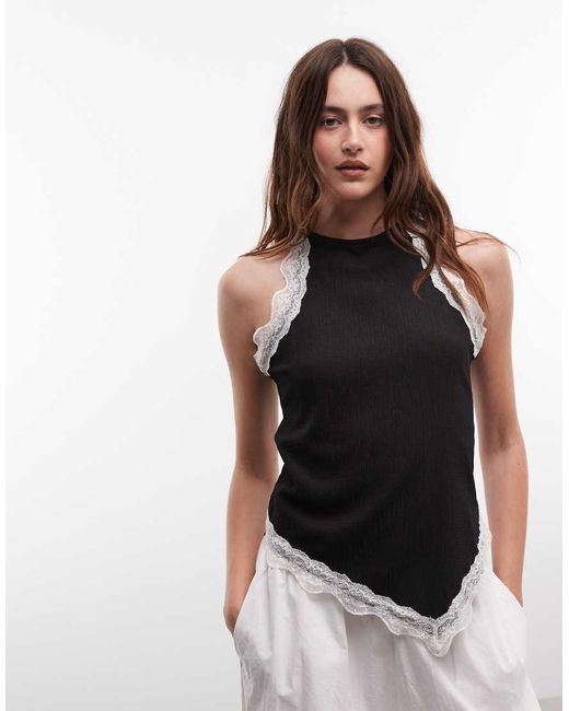 River Island Black Lace Trim Halterneck Textured Top