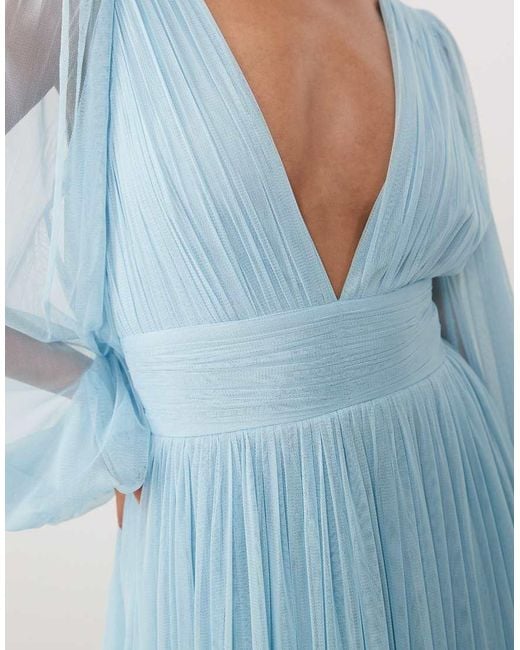 LACE & BEADS Blue Bridesmaid Madison Smocked Plunge Neck Sheer Sleeve Maxi Dress