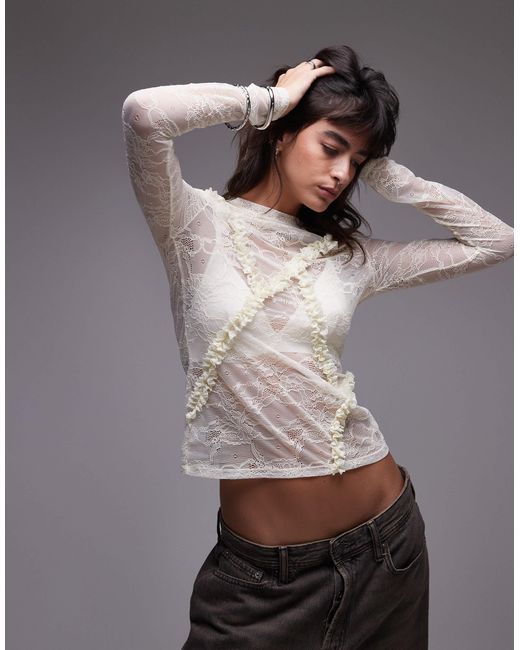 TOPSHOP Gray Lace Ruffle Front Long Sleeve Top