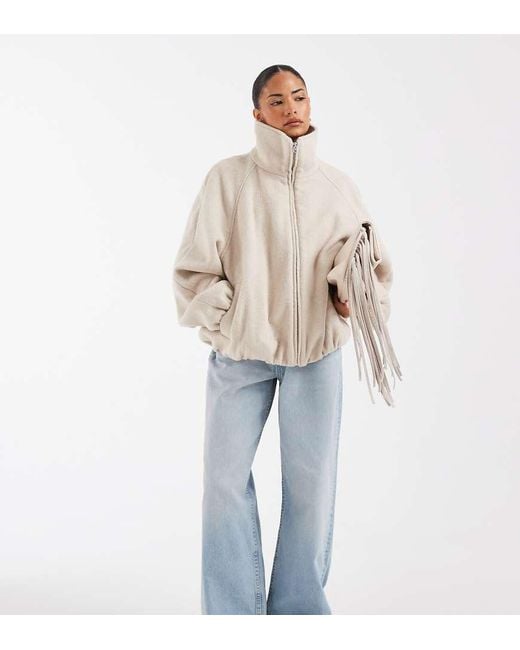 ASOS Natural Asos Design Petite Funnel Neck Bubble Hem Jacket With Wool