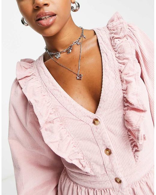 Miss Selfridge Pink Ruffle Yolk Corduroy Dress