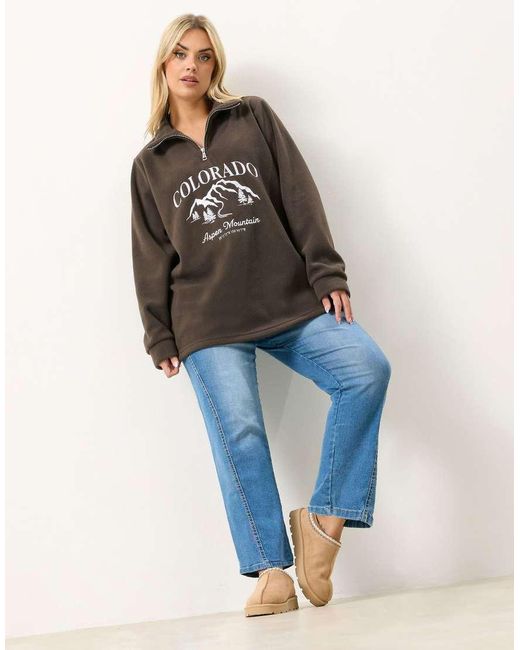 Yours Clothing Brown Slogan Quarter Zip Fleece