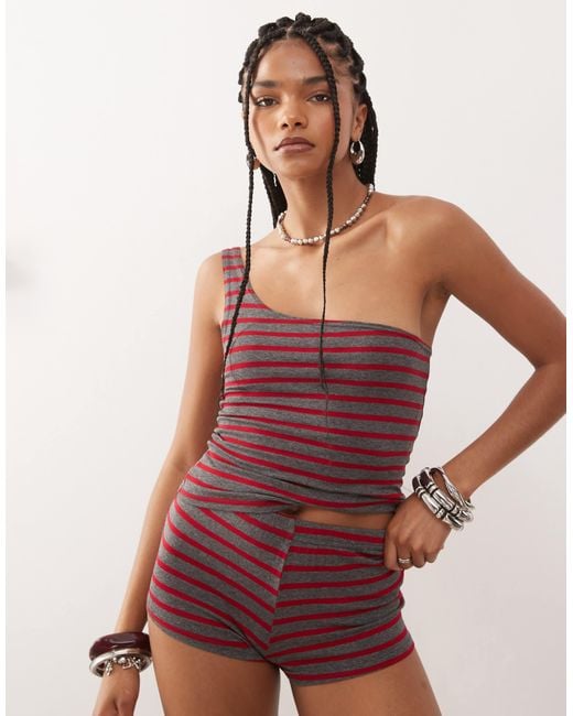Collusion Red One Shoulder Striped Top