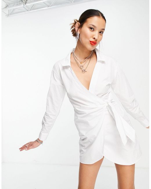 Bershka Cotton Plunge V Neck Wrap Dress in White | Lyst