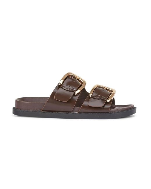 SEQWL Brown Flat Mule Sandals Double Strap Slides With Buckle Detail