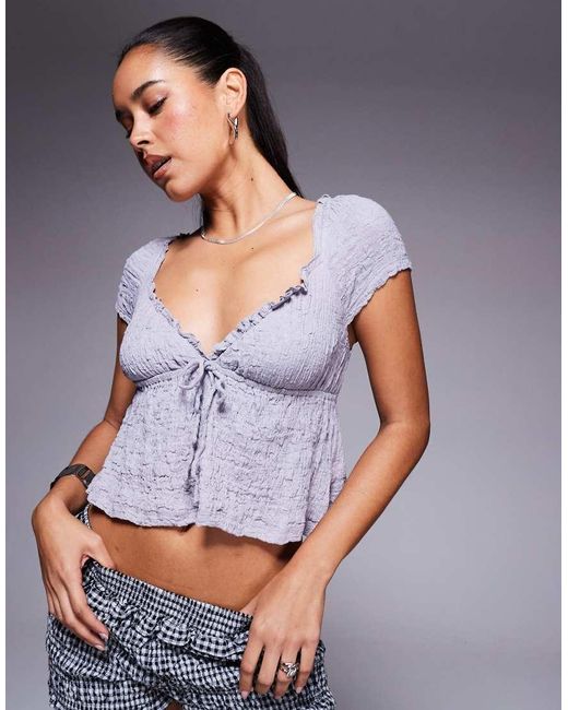 Princess Polly Gray Kellan Textured Frill Trim Milkmaid Tie-front Peplum Top