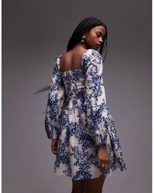 Robe courte à fleurs avec encolure carrée et corsage froncée & Other Stories en coloris Blue